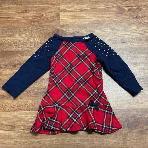 Hartstrings Toddler Girls Red Navy Blue Gold Plaid Dress Bow Size 2T Holiday - Picture 1 of 7